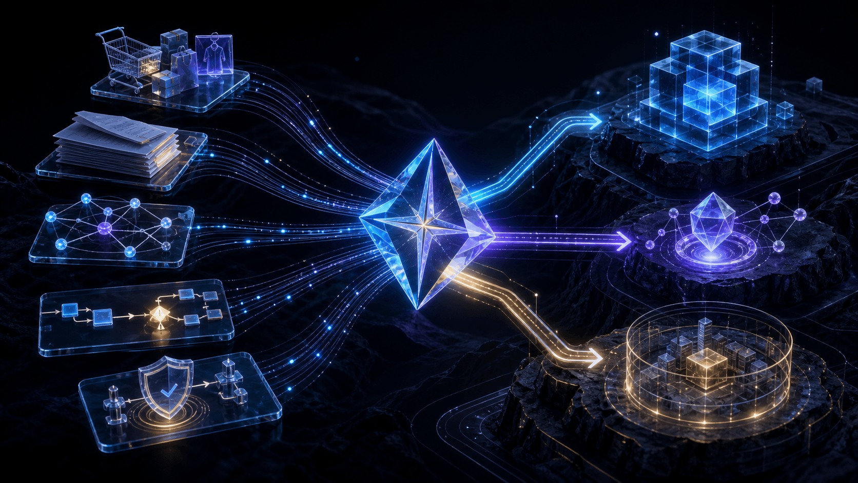 Commerce, document, knowledge, automation, and governance needs routed through a decision compass toward the right path
