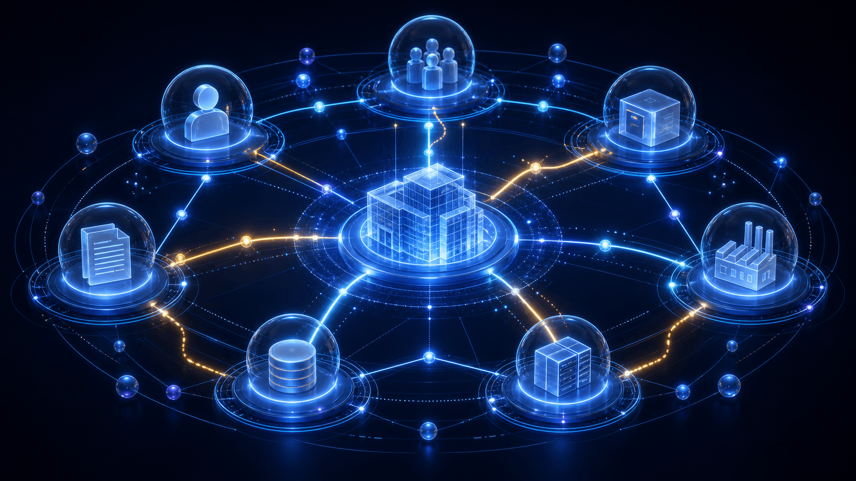 Customers, products, documents, suppliers, transactions, teams, and systems connected around a business entity
