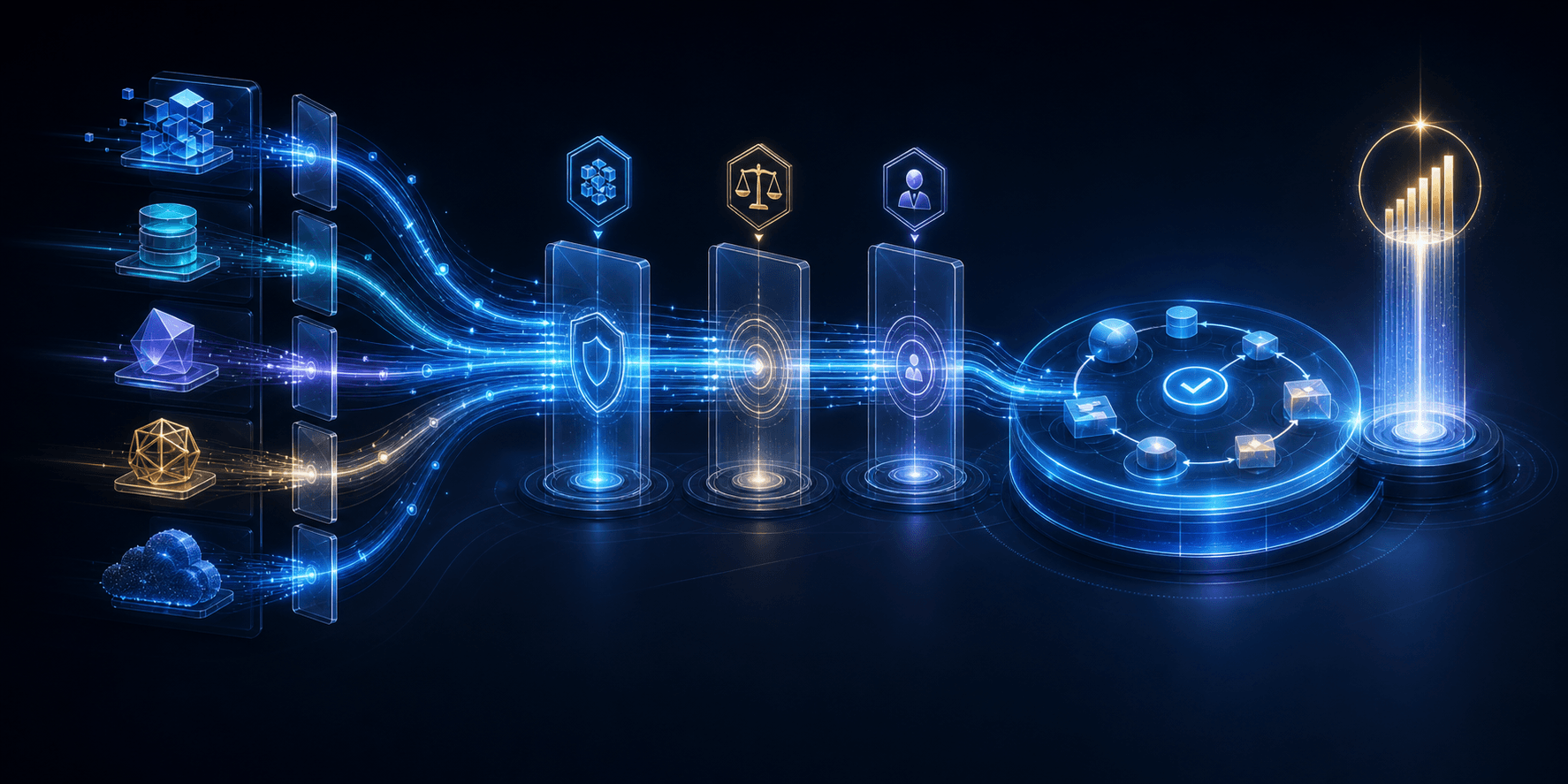 Business systems passing through evidence, governance, and approval into a measurable operating result