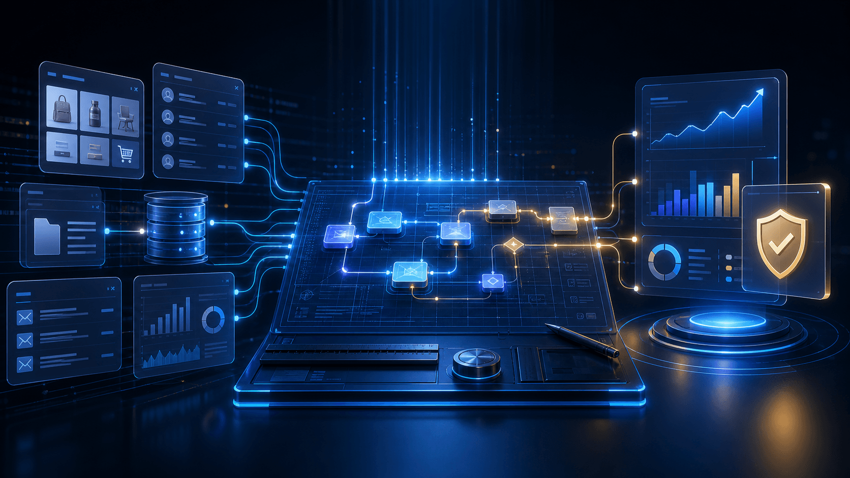 Existing business systems connected through a controlled Mainspring service workflow